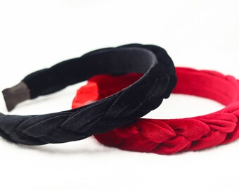 Serre-tête tressé en velours rouge : accessoire pour cheveux rembourré