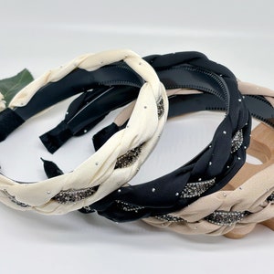 Satin Plait Headband: Wide Braid with Rhinestones