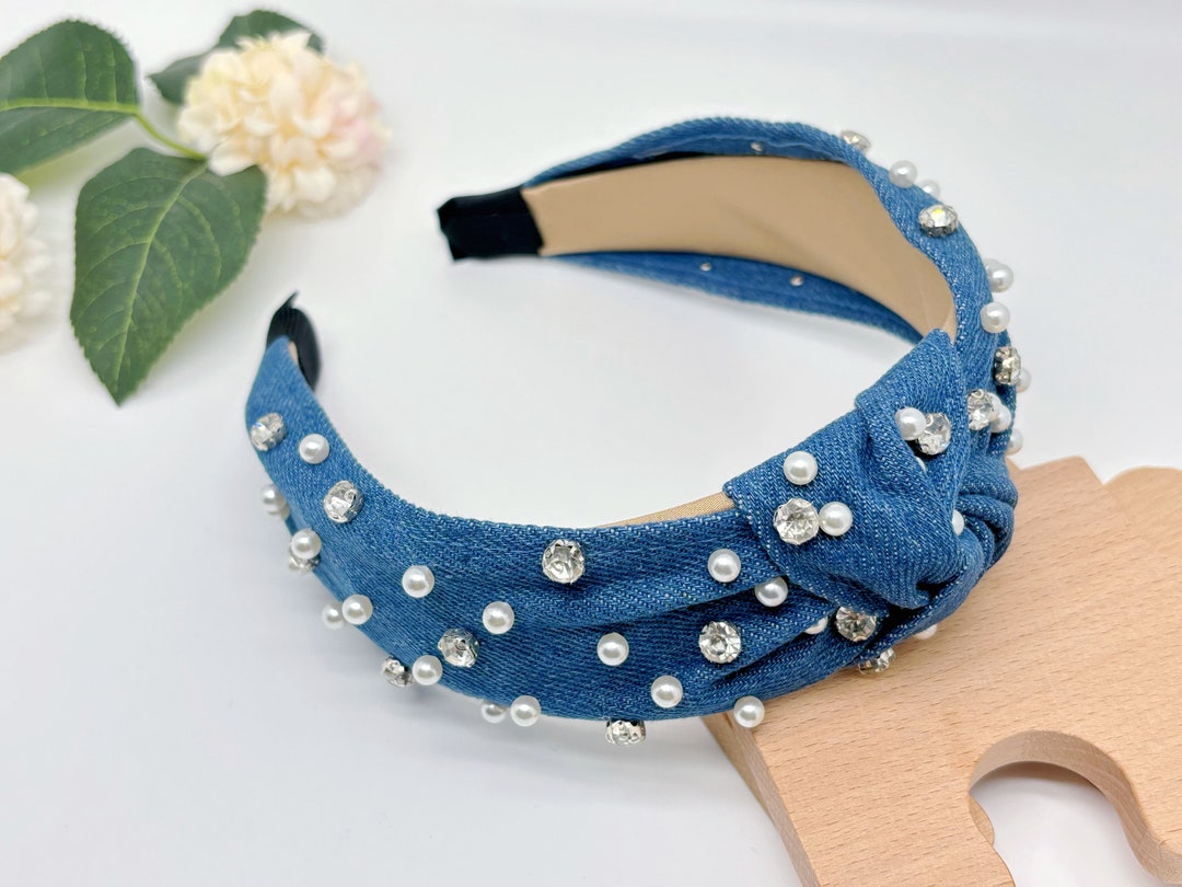 Denim Pearl Headband: Knotted Crystal Hairband - Etsy display picture 1