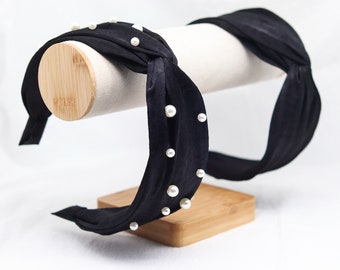 Pearl Black Headband: Wide Twist Hairband, Elastic Alice  display picture 3