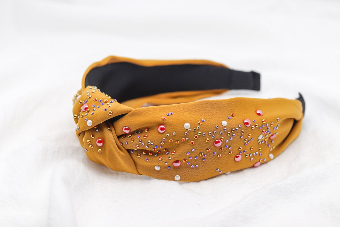 Girls Rhinestone Mustard Yellow Headband Twist Hairband Silk Cross Hair