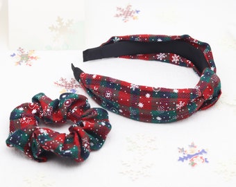Christmas Headband Scrunchie Set: Red Green Snowflake Knotted Hairbands