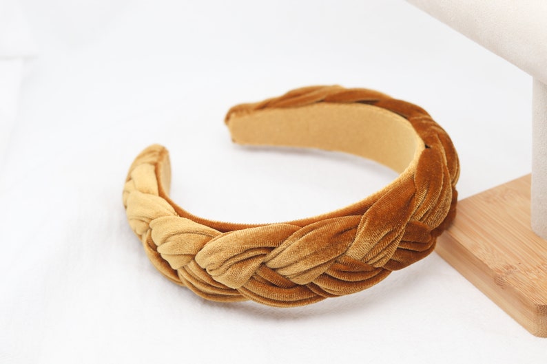 Womens Wide Velvet Plait Headband Twist Thick Braid Mustard image 0