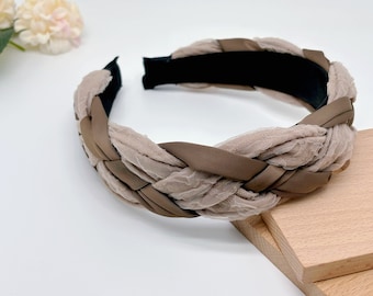 Wide Brown Braided Headband: Padded Velvet Alice Band