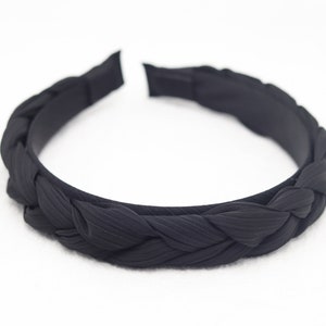 Black Satin Plait Headband: Braided Woven Twist Hairband