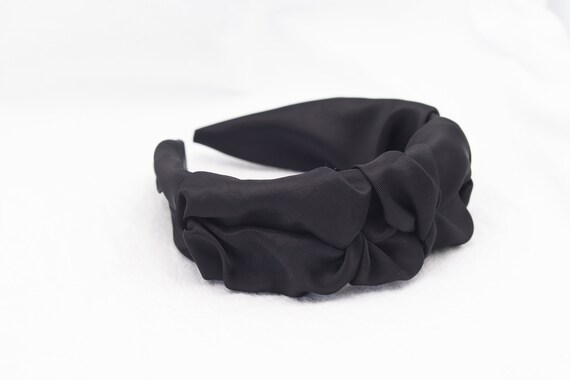 Wide Satin Ruched Ruffle Headband for Women Black Volume
