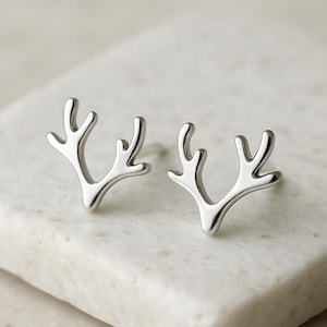 Sterling Silver Antler Stud Earrings | 925 Minimalist Reindeer Horn Earrings | Nature Inspired Christmas Gift