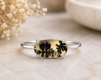 Shazar Dendrite Agate Ring, Sterling Silver Landscape Nature Jewelry