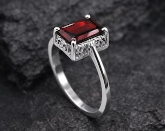 925 Silver Red Garnet Ring | Emerald Cut Statement | Dainty Gemstone Jewelry | Gift for Her