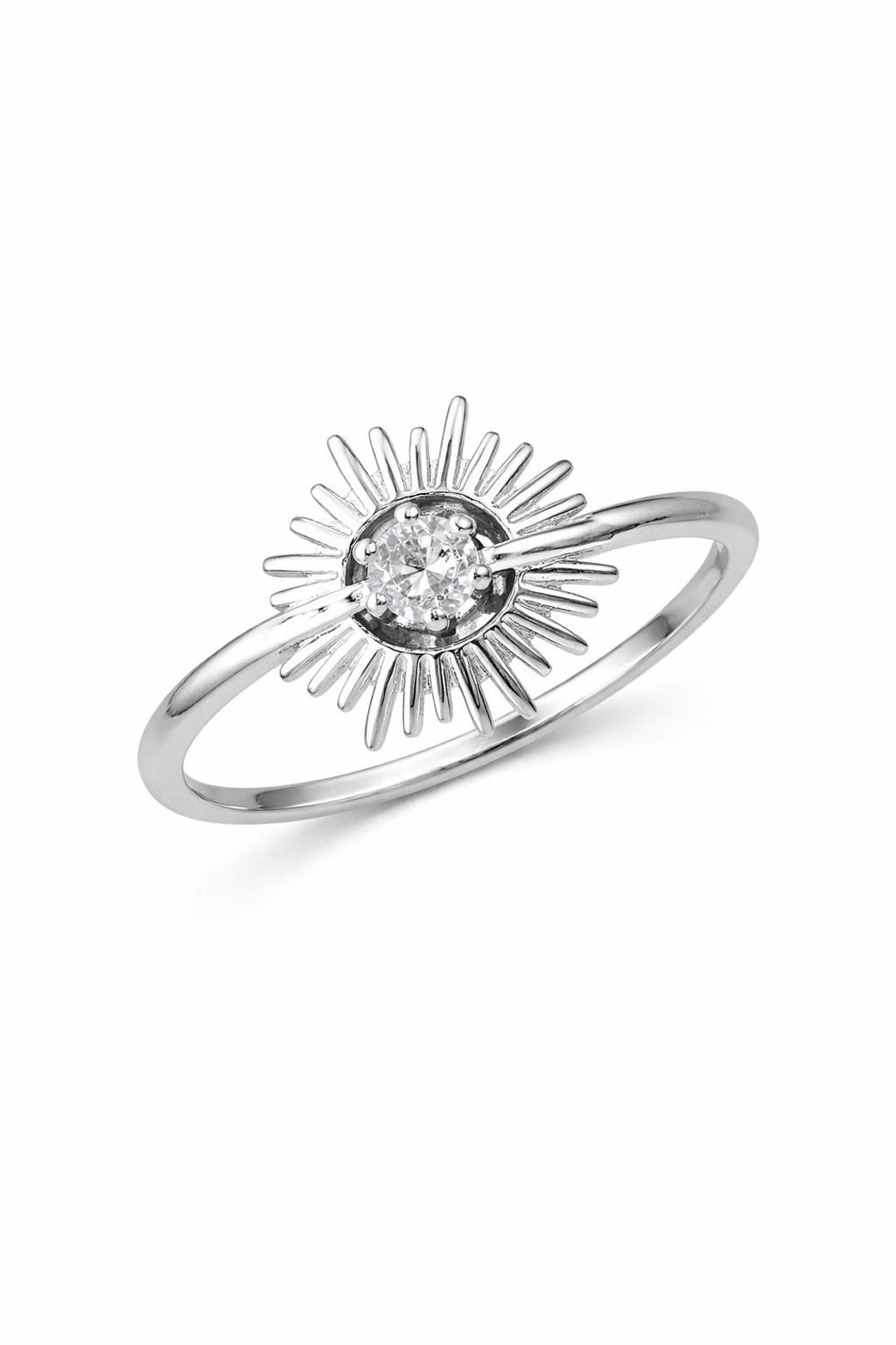 925 Sterling Silver Sunburst CZ Ring, Dainty Celestial Stacking Band ...