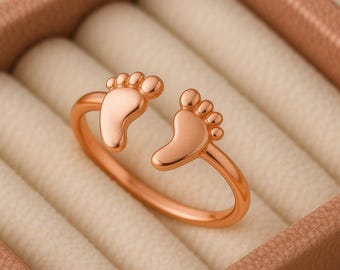 925 Silver Baby Feet Ring • Adjustable Footprint Band • Minimal Mom Jewelry • Sterling Mother Ring