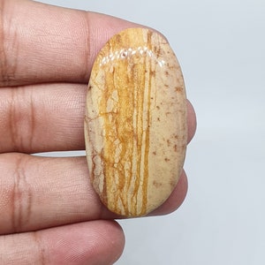 Könnte beinhalten: Ein glatter, ovaler Cabochon-Edelstein mit einer hellbraunen Basis und komplizierten Mustern aus dunklerem Braun und Gelb. Der Stein hat eine polierte, glänzende Oberfläche.