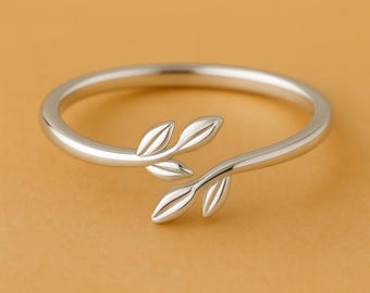 925 Silver Leaf Ring – Adjustable Nature Branch Open Band Minimalist Jewelry for Women