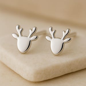 Sterling Silver Reindeer Stud Earrings | 925 Minimalist Deer Antler Earrings | Christmas Gift for Her