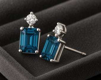 London Topaz Emerald Cut Stud Earrings: 925 Sterling Silver & CZ