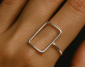 925 Silver Rectangle Ring • Minimalist Open Geometric Ring • Modern Band for Women