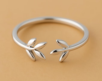 Sterling Silver Leaf Ring: Adjustable Open Band Minimalist Jewelry