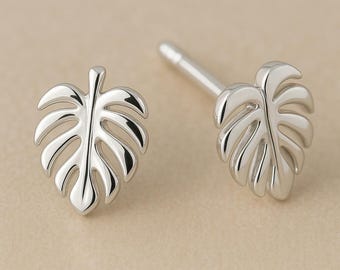 Sterling Silver Monstera Leaf Stud Earrings: Tropical Minimalist Jewelry