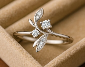 CZ Leaf Vine Ring: 925 Sterling Silver Floral Branch Ring