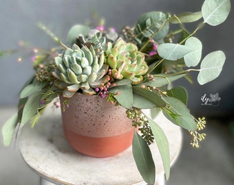 Beautiful Blush Planter Pot Succulent Arrangement | Succulent Gifts | Unique Gifts | Eucalyptus & Succulents | Special Occasion Gift