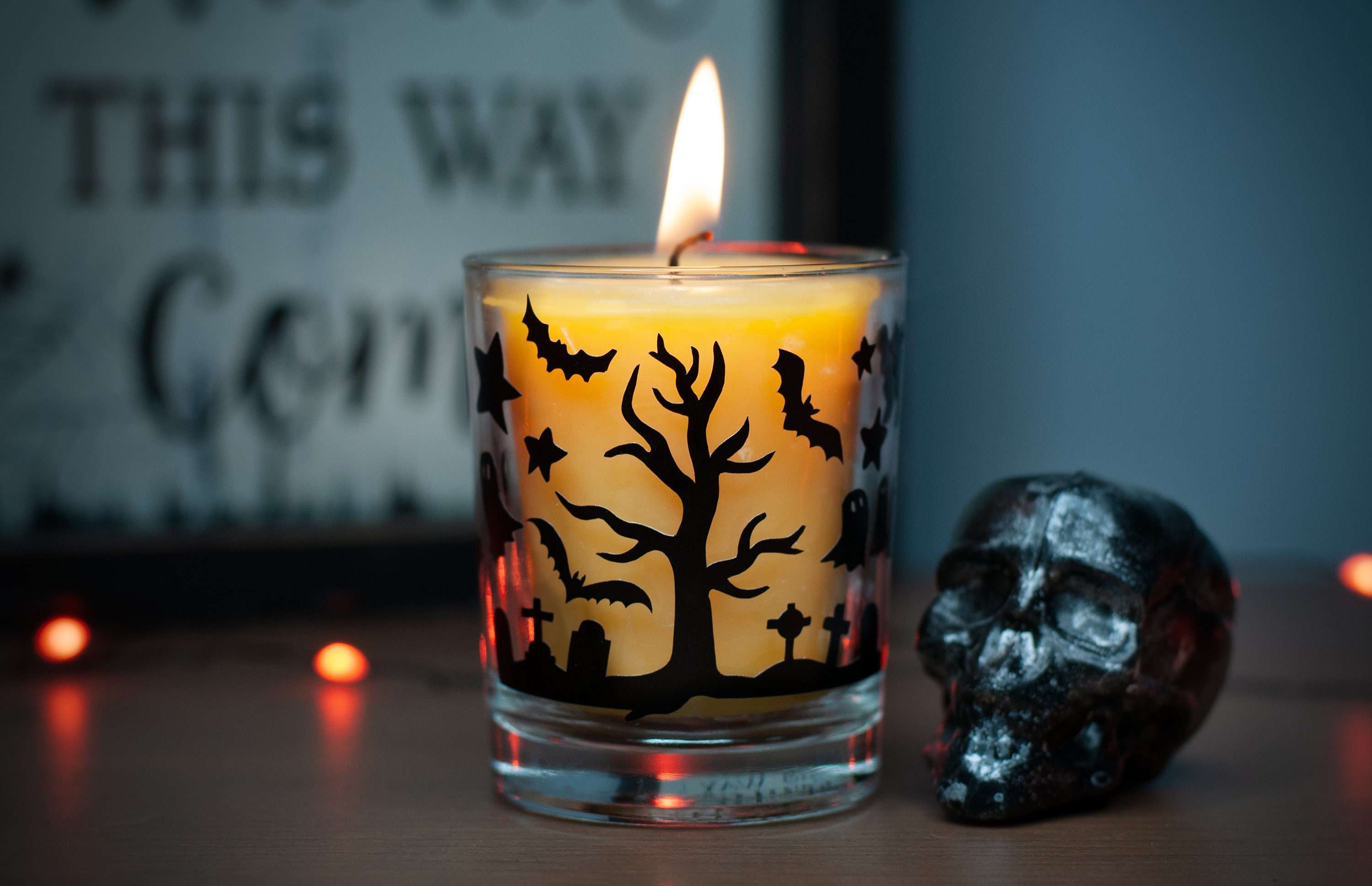 Porte-Bougie en Verre Votif d'halloween, Scène de Cimetière, Option Bougie Cire d'abeille 100% Pure,