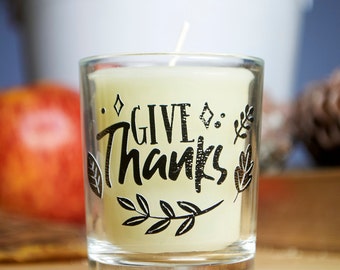 Thanksgiving Candle Holder, Glass Votive Candle Holder, Tealight Holder, 100% Beeswax Candle, Give Thanks, Thanksgiving Host Gift