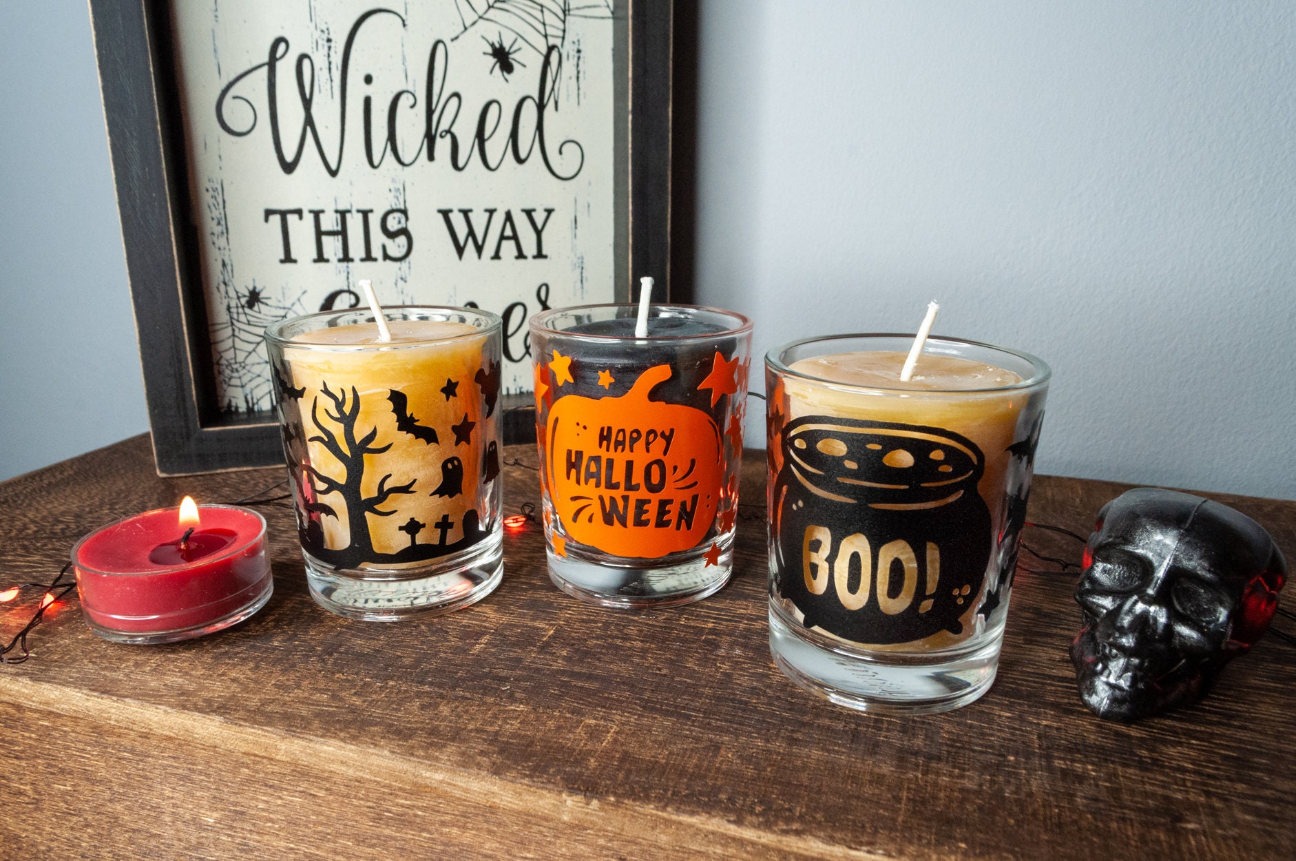 Halloween Votive Candle Holder Set of 3 With 100 Pure Beeswax Candles, Graveyard, Pumpkin