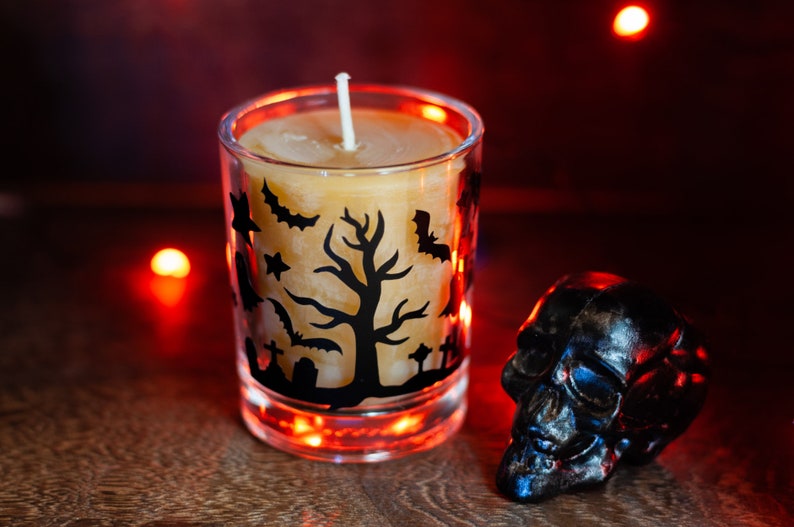Halloween Votive Glass Candle Holder Graveyard Scene 100 Etsy