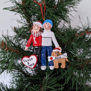 Couple with Brown Dog Personalised Christmas Tree Decoration / Xmas Hanging Tree Ornament