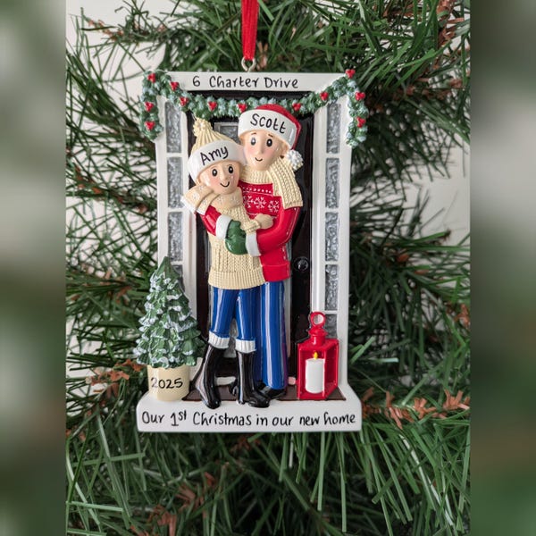 Farm House Door Couple Personalised Christmas Decoration - Hanging Xmas Tree Ornament for 2 names - 1st Christmas Together in our new Home