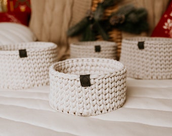 Natural crochet basket, handmade, round container, boho storage, cotton string basket, homedecor