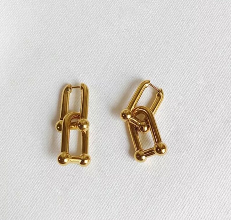 Trend bold earrings 925 Sterling Silver /& 18K Gold Waterproof Thick U Shape Hoop Earrings Chunky Chain Geometric Link Earrings