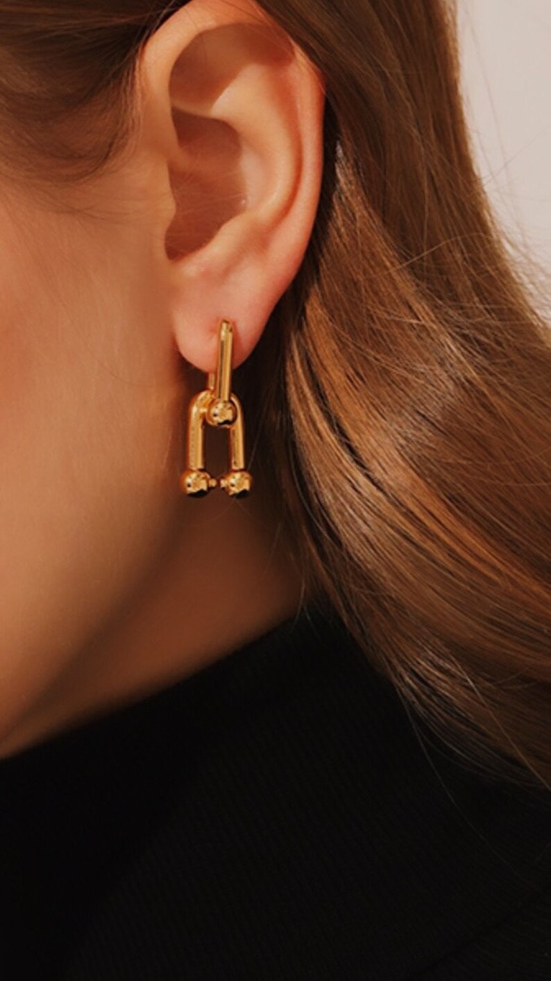 Trend bold earrings 925 Sterling Silver /& 18K Gold Waterproof Thick U Shape Hoop Earrings Chunky Chain Geometric Link Earrings