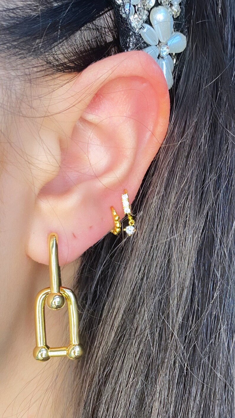 Trend bold earrings 925 Sterling Silver /& 18K Gold Waterproof Thick U Shape Hoop Earrings Chunky Chain Geometric Link Earrings