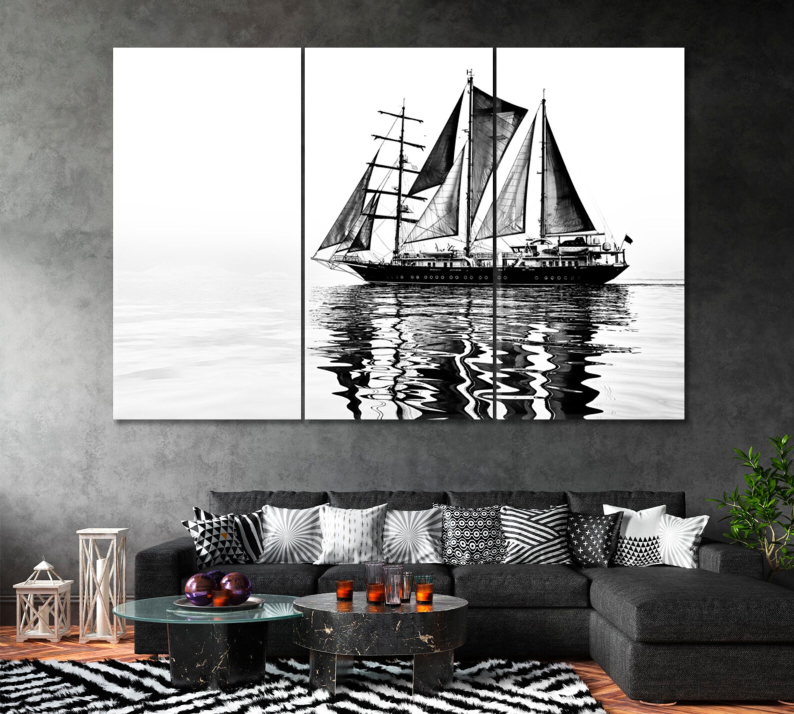 black and white sailboat wall decor