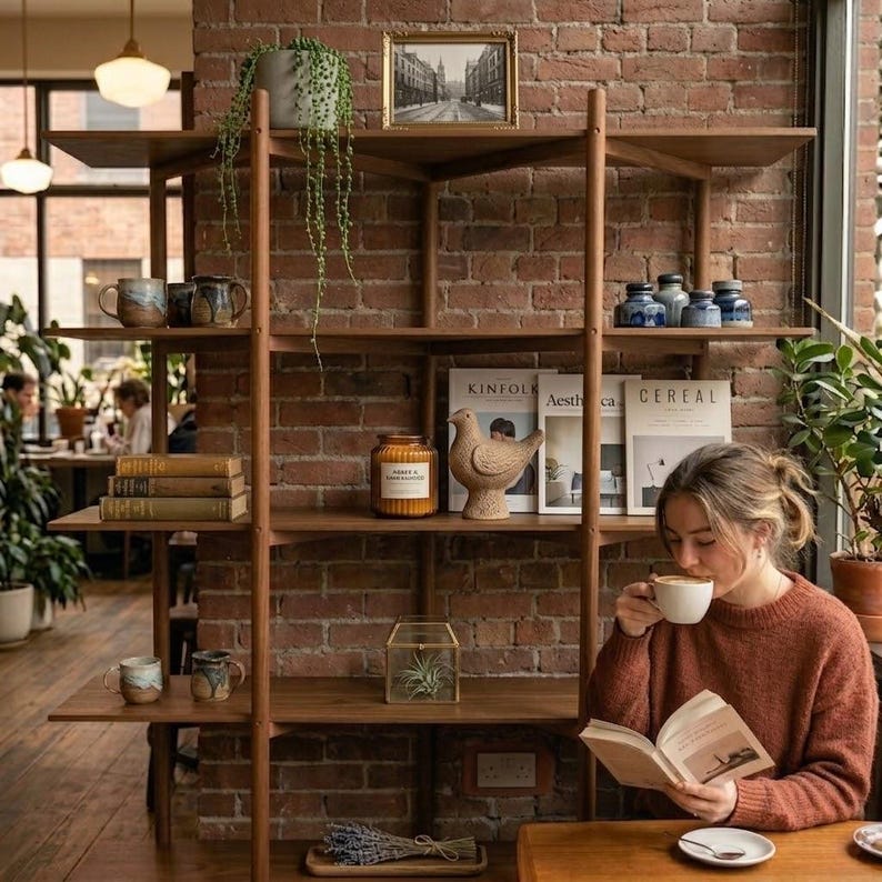 May include: A wooden bookshelf with multiple shelves displays books, mugs, decorative jars, and a bird figurine. The shelves are against a brick wall. A woman is seated at a table, reading a book and drinking from a white mug.