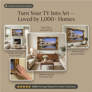 May include: A decorative gold-toned ornate frame designed to surround a television screen, displaying a digital painting of a Venetian canal scene. The frame features intricate carvings and is shown mounted on walls in various home living room settings.