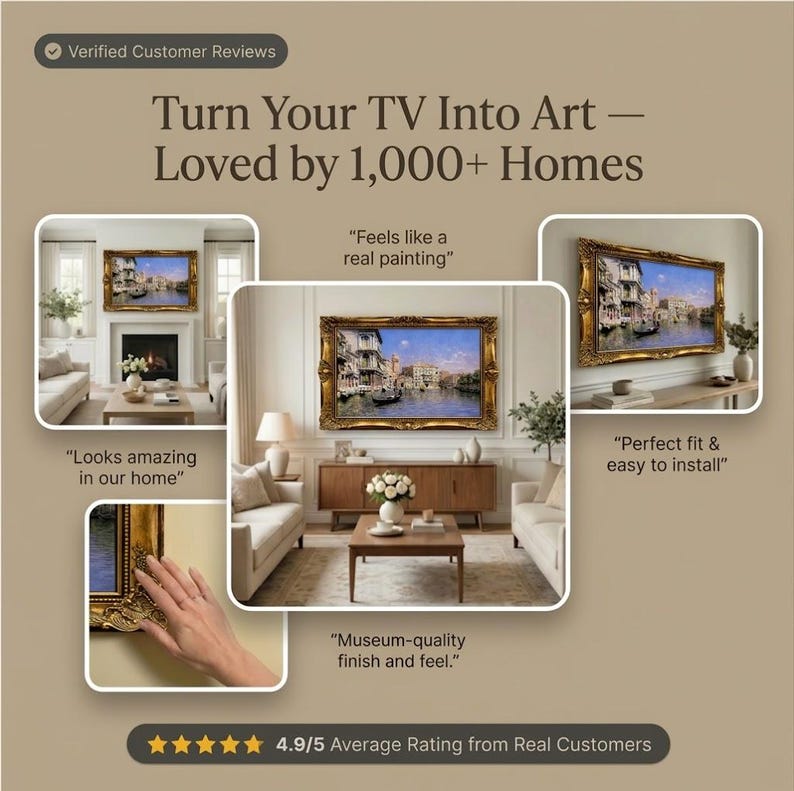 May include: A decorative gold-toned ornate frame designed to surround a television screen, displaying a digital painting of a Venetian canal scene. The frame features intricate carvings and is shown mounted on walls in various home living room settings.