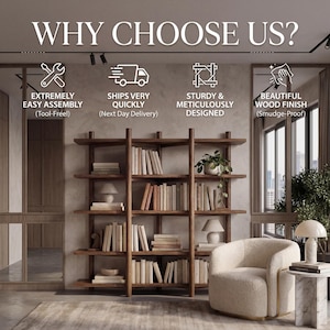 May include: A wooden bookshelf filled with books, a cream-colored armchair, and a marble side table with a lamp. The text "WHY CHOOSE US?" is at the top, with icons and text below highlighting features like easy assembly and a smudge-proof wood finish.