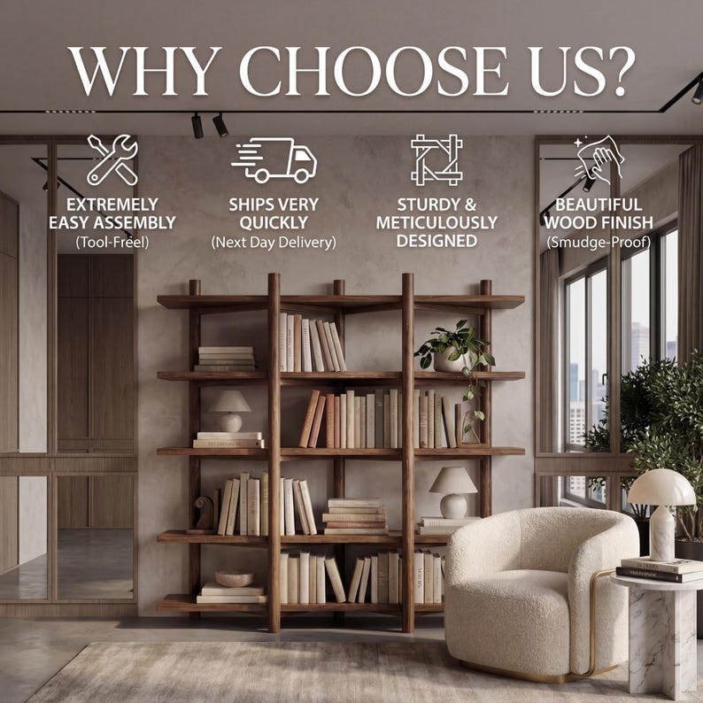 May include: A wooden bookshelf filled with books, a cream-colored armchair, and a marble side table with a lamp. The text "WHY CHOOSE US?" is at the top, with icons and text below highlighting features like easy assembly and a smudge-proof wood finish.