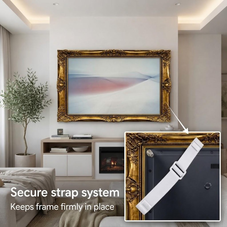 May include: A rectangular television frame with an ornate, antique gold finish featuring intricate scrollwork and floral carvings. An inset detail shows a white adjustable strap system attached to the back of the frame to secure it in place.