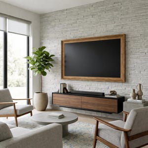 May include: A wall-mounted television with a wooden frame centered above a floating walnut media console. The room features a light gray stone wall, two gray armchairs, a round concrete coffee table, and a potted fiddle leaf fig plant.