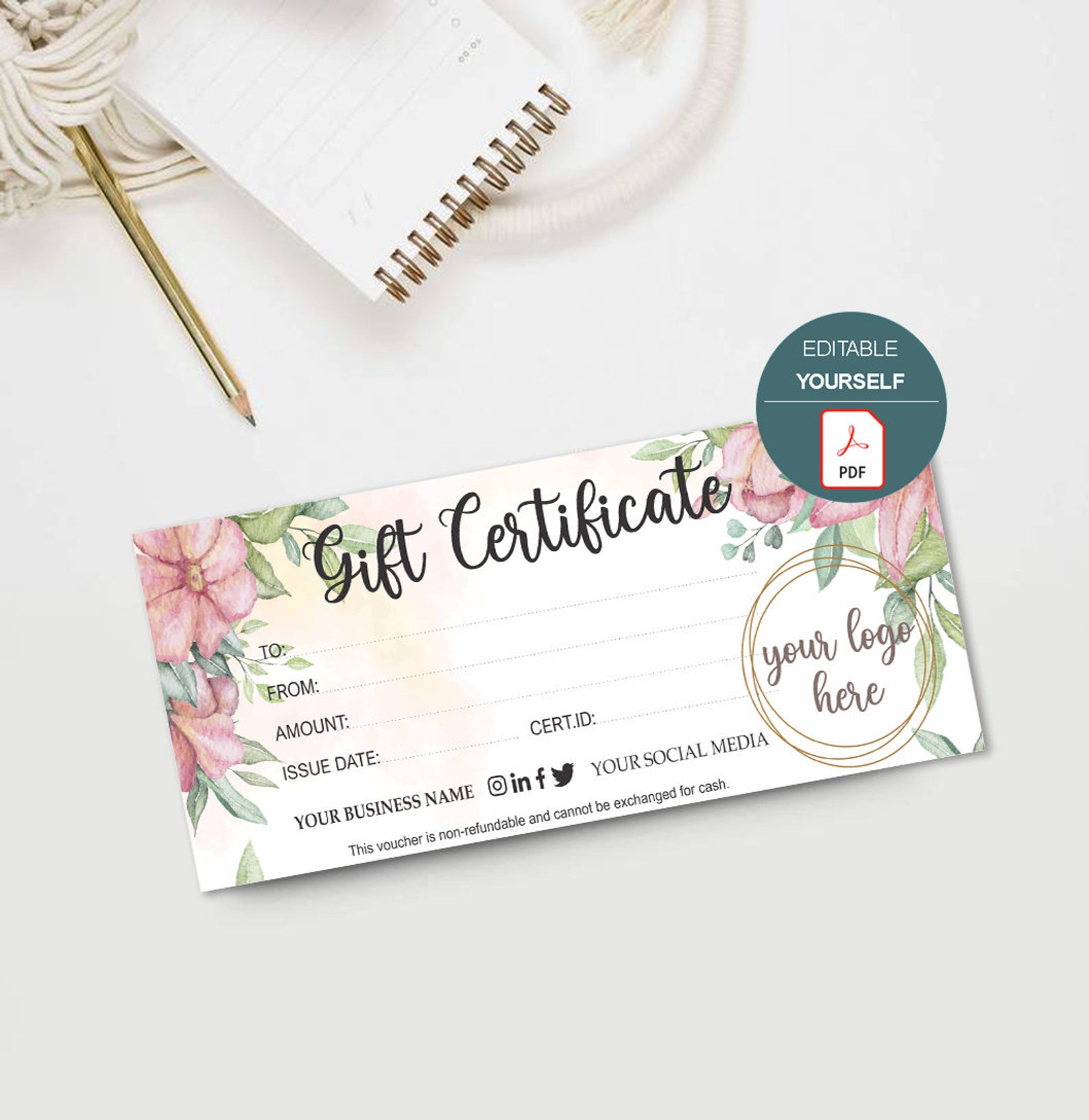 Floral Gift Certificate Templates ADD YOUR LOGO Gift Etsy