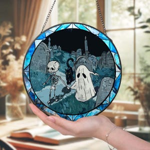 Handcrafted Halloween Glass Suncatcher, Ghost & Skeleton Window Art, Perfect Gift for Spooky Lovers, Home Decor, Gothic Accent L106366TV