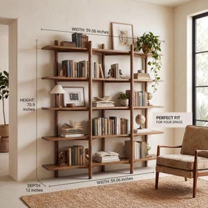 May include: A wooden bookshelf with multiple shelves, filled with books, decorative items, and a lamp. The bookshelf is 70.9 inches high, 59.06 inches wide, and 12 inches deep. The text "PERFECT FIT FOR YOUR SPACE" is visible.
