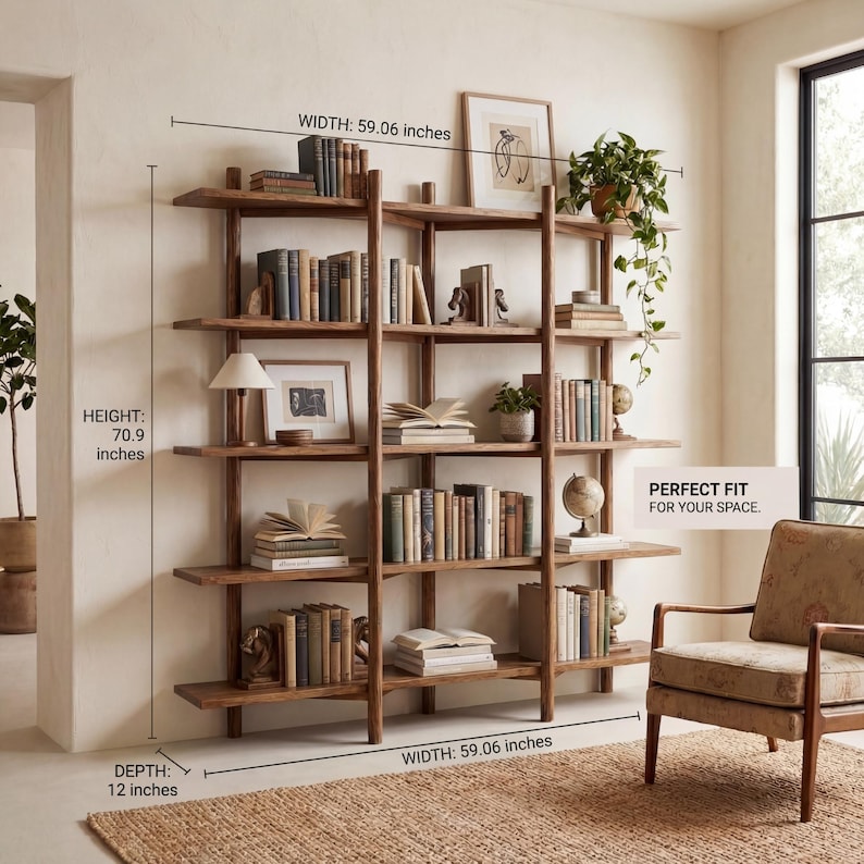 May include: A wooden bookshelf with multiple shelves, filled with books, decorative items, and a lamp. The bookshelf is 70.9 inches high, 59.06 inches wide, and 12 inches deep. The text "PERFECT FIT FOR YOUR SPACE" is visible.