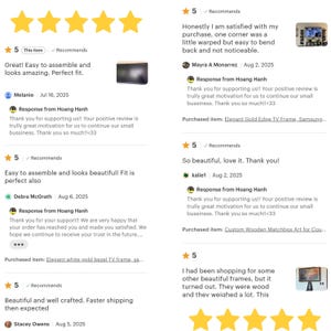 Pode incluir: Imagem de avalia&ccedil;&otilde;es de clientes com classifica&ccedil;&otilde;es de cinco estrelas. As avalia&ccedil;&otilde;es mencionam f&aacute;cil montagem, ajuste perfeito e belo artesanato. Uma avalia&ccedil;&atilde;o menciona uma moldura de TV com borda dourada e outra arte de caixa de f&oacute;sforos de madeira personalizada.