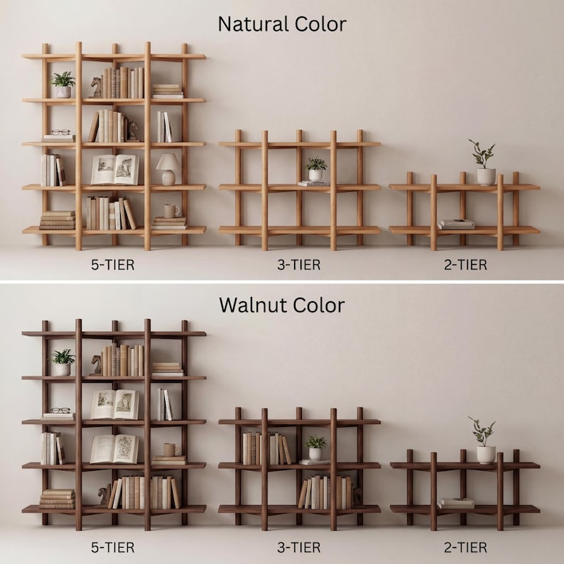 May include: Wooden bookshelves in natural and walnut colors, with 5, 3, and 2-tier options. The shelves are filled with books, plants, and decorative items. The text "Natural Color" and "Walnut Color" are displayed above the shelves.