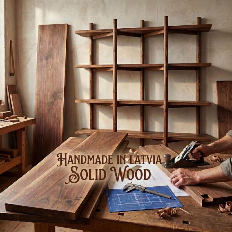 May include: A workshop scene featuring solid wood furniture components and a partially assembled shelf unit. The image includes the text "Handmade in Latvia Solid Wood". A person is working with a hand plane on a wooden plank.