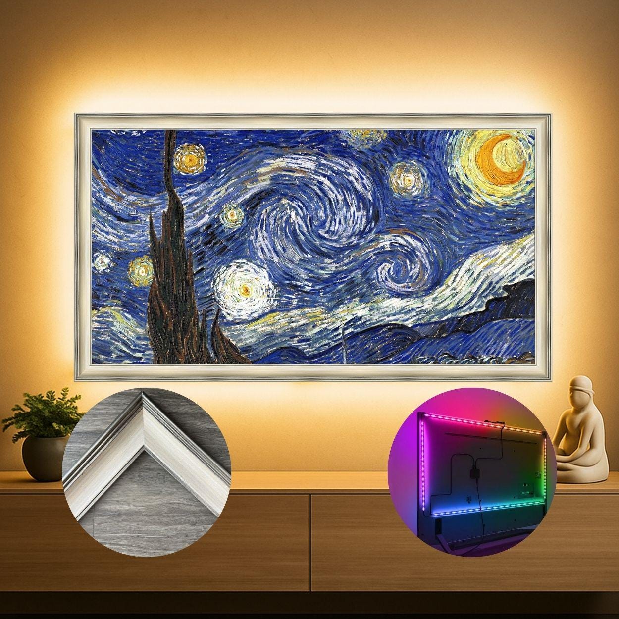 Elegant wood grain Tv frame, Tv frame with LED glow, classic bevel edge TV bezel, Custom handmade TV frame, custom Tv frame L22602LV